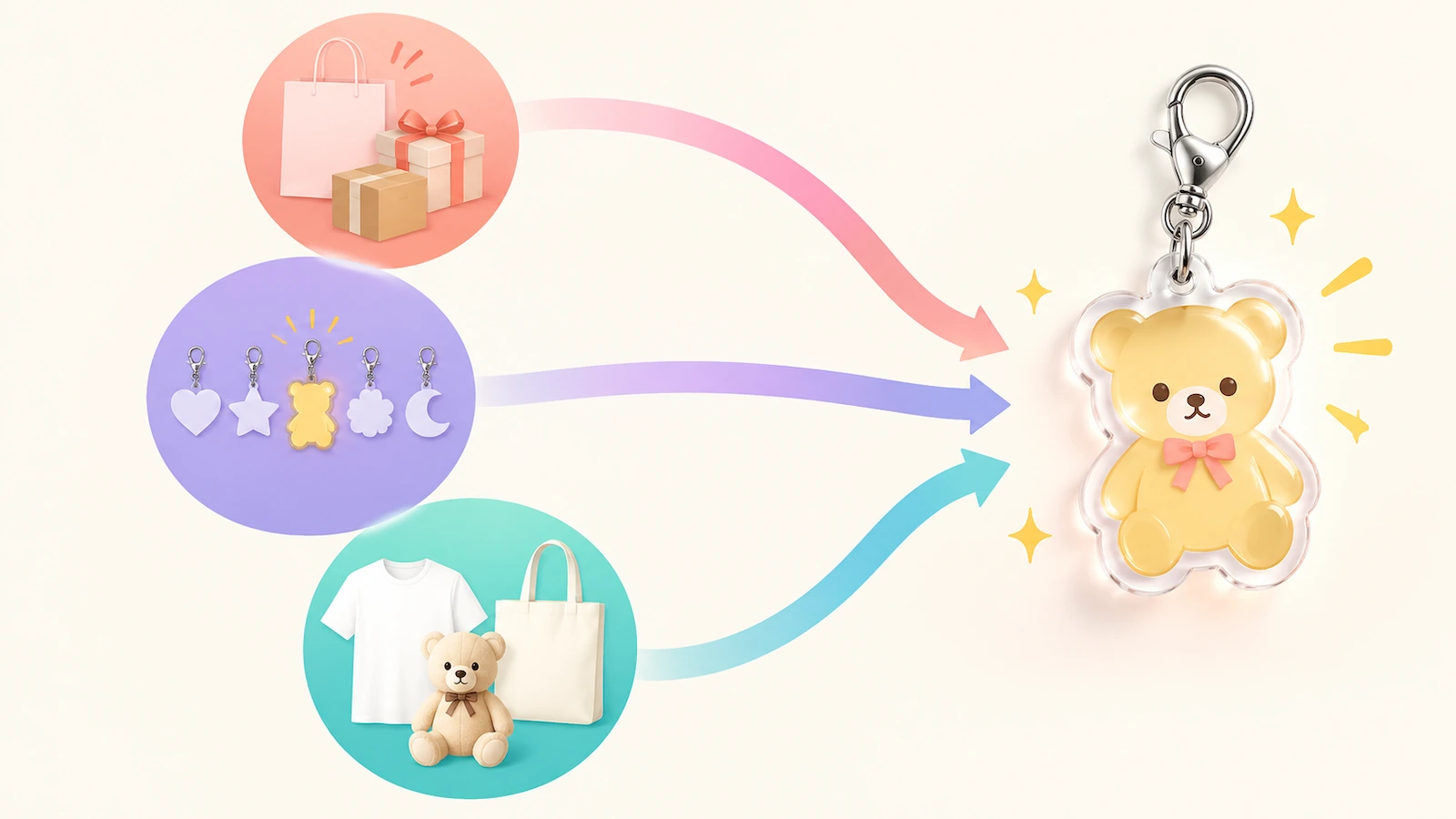 แผนภาพการตัดสินใจที่มีวงกลมสีสามวง ได้แก่ ช่องทางจัดจำหน่าย เป้าหมายด้านความน่าสะสม และกลุ่มสินค้า เชื่อมด้วยลูกศรที่บรรจบกันที่ภาพเงาของชาร์มหนึ่งชิ้น