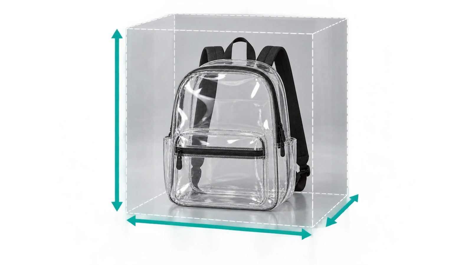 เป้ PVC ใสวางอยู่ภายในทรงลูกบาศก์โปร่งใสเส้นประที่แสดงขีดจำกัดขนาดสนามกีฬา 12 x 6 x 12 นิ้ว โดยมีลูกศรตามความสูง ความกว้าง และความลึก