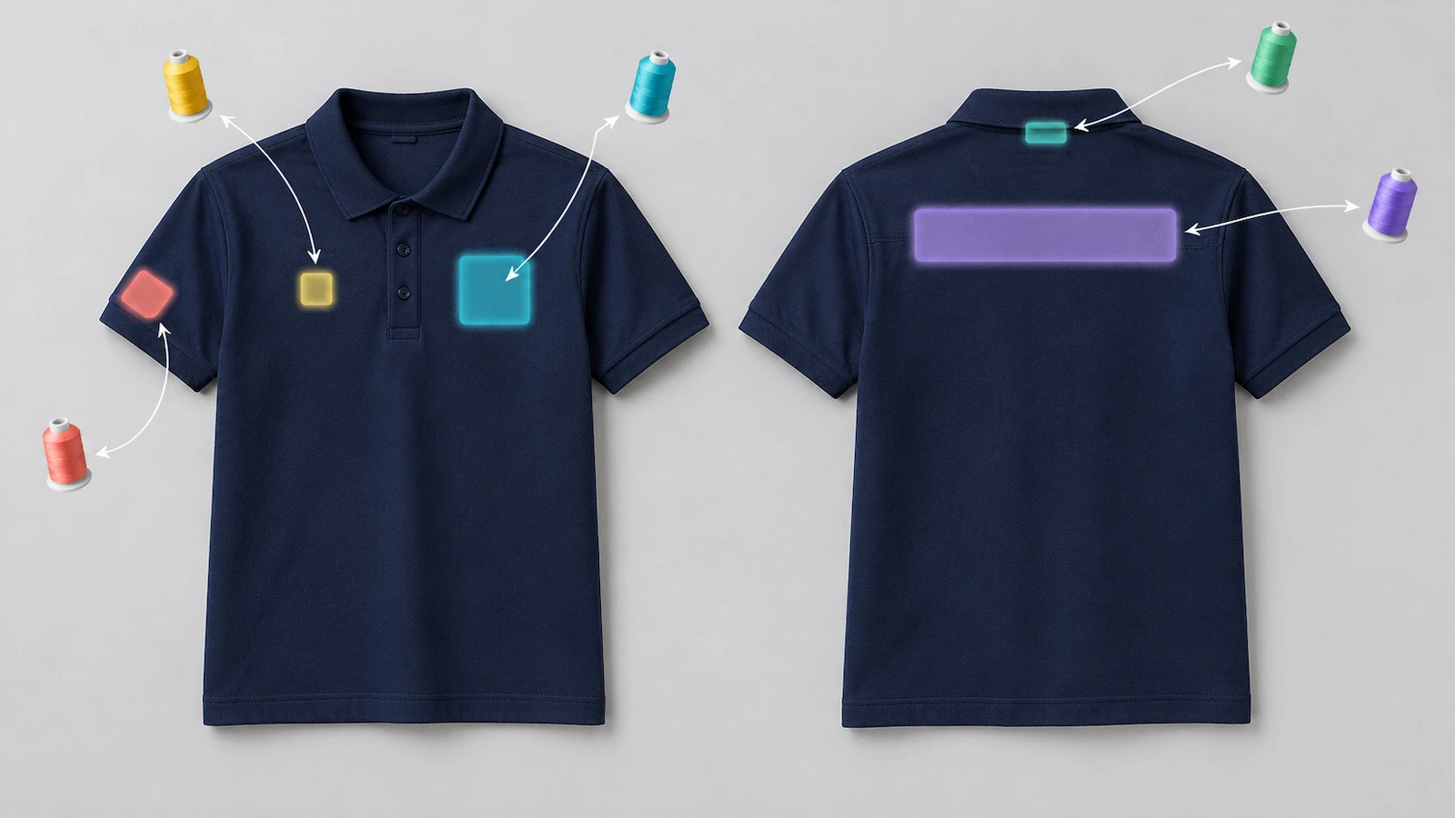 เสื้อโปโลคอตตอนปิเก้สีกรมท่า แสดงด้านหน้าและด้านหลัง พร้อมเน้นโซนปักที่อกซ้าย อกขวา แขนเสื้อ ไหล่หลัง และต้นคอด้านหลัง