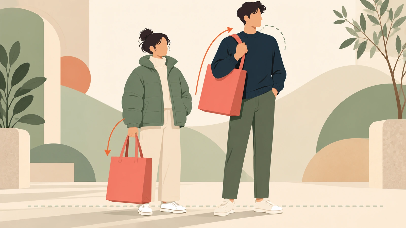 คนสองคนที่ส่วนสูงต่างกันถือถุงใช้ซ้ำขนาดใหญ่พิเศษใบเดียวกัน คนหนึ่งหิ้วด้วยมือ อีกคนสะพายไหล่