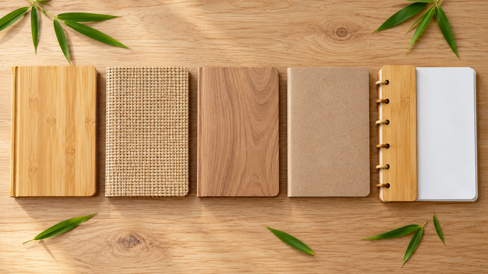 ภาพถ่ายแบบ flat lay เปรียบเทียบสมุดโน้ตปกไม้ไผ่ตัน สมุดโน้ตผ้าใยไม้ไผ่ สมุดโน้ตสังเคราะห์ลายไม้ สมุดโน้ตกระดาษคราฟต์รีไซเคิล และสมุดโน้ตลบได้ใช้ซ้ำได้ที่มีเปลือกไม้ไผ่
