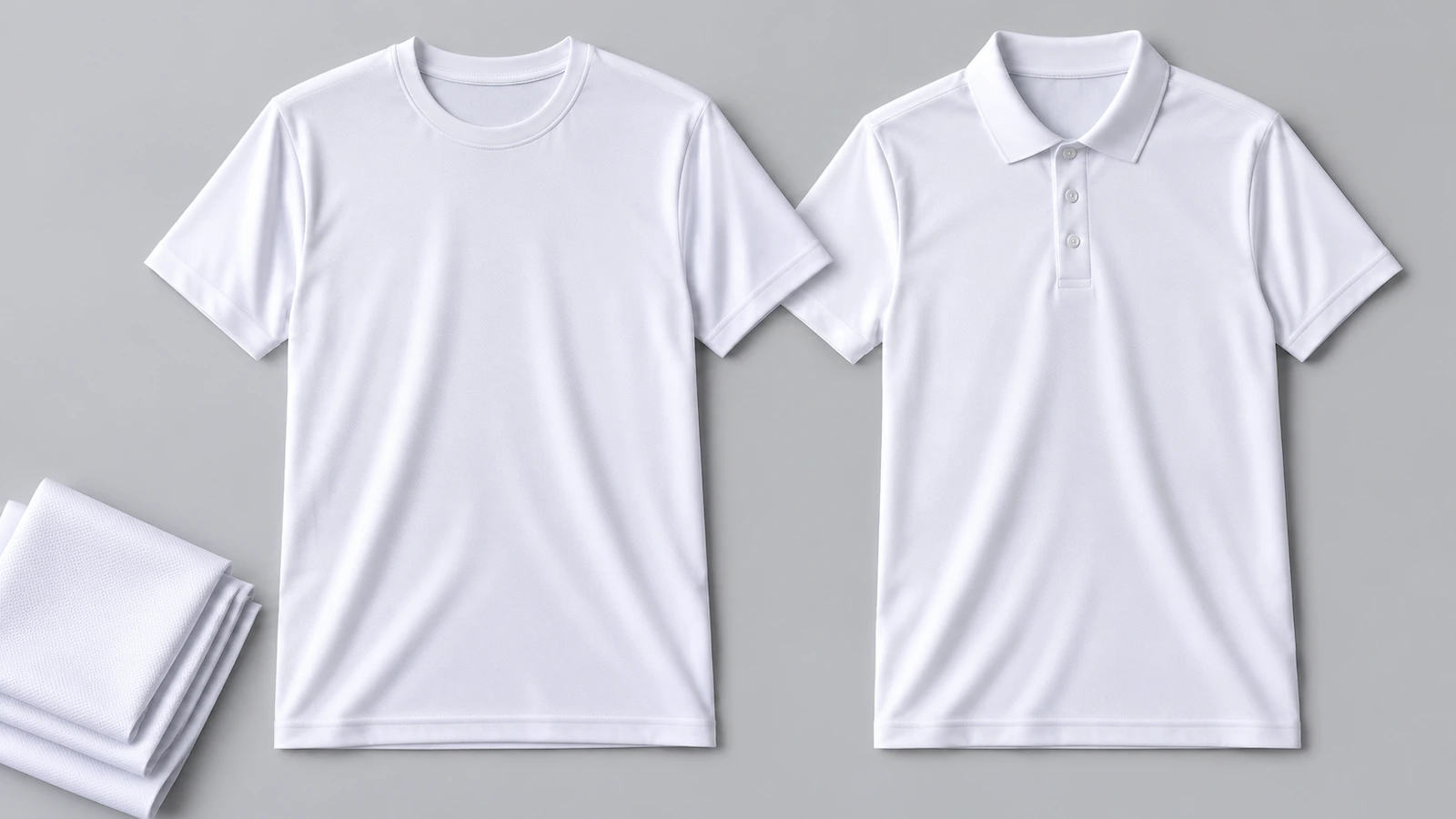 เสื้อยืดโพลีเอสเตอร์ซับลิเมชันยูนิเซ็กซ์สีขาววางราบข้างเสื้อโปโลสมรรถนะสีขาวบนพื้นผิวสีเทาอ่อน