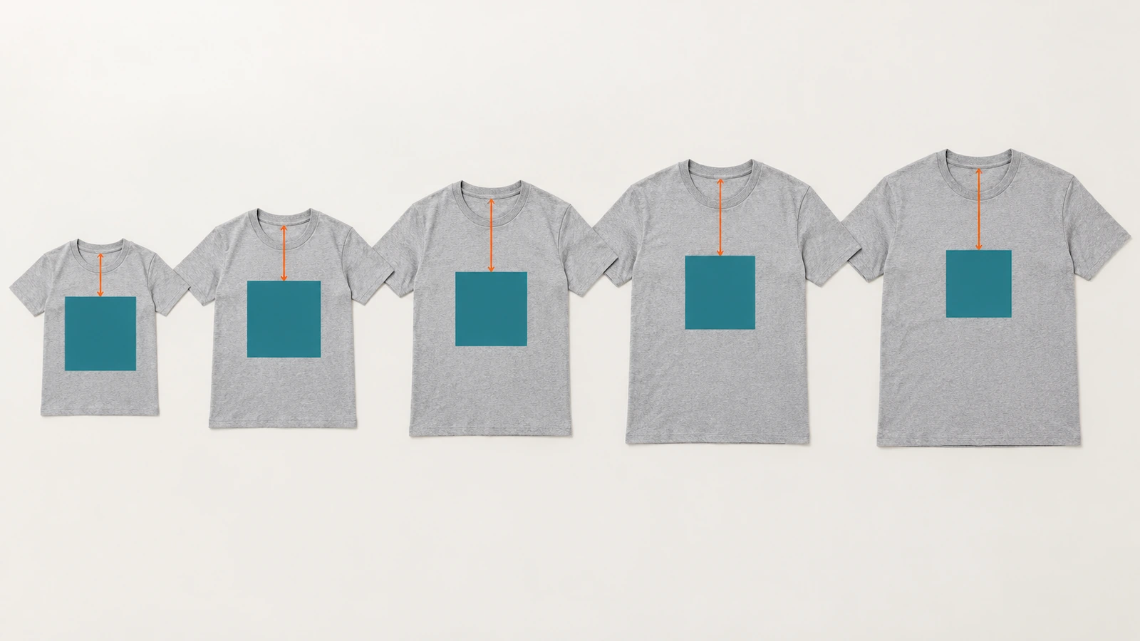 เสื้อยืดพับเรียงจากไซซ์เล็กถึงไซซ์ใหญ่พิเศษ พร้อมส่วนลายพิมพ์ขนาดเท่ากัน และลูกศรวัดระยะลงมาจากตะเข็บคอเสื้อ