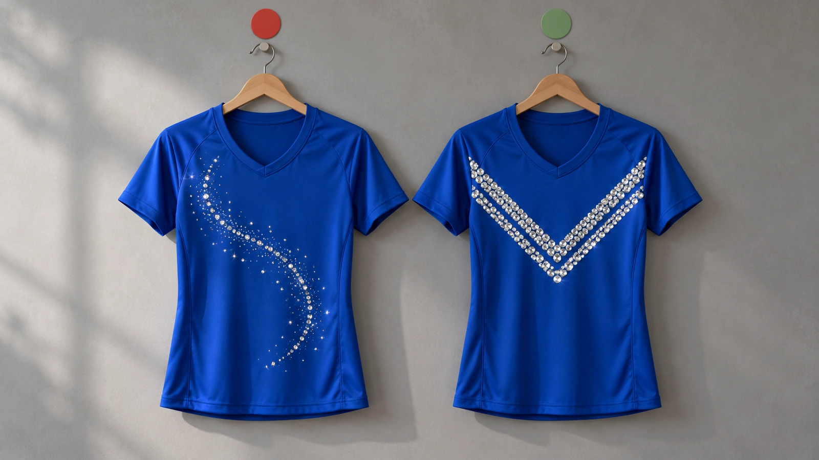 เปรียบเทียบด้านหลังเสื้อแข่งเปล่าสองตัว: ลายหมุนราไฮน์สโตนแถวเดียวบางที่เบลอเป็นประกายกระจัดกระจายเมื่อมองจากระยะไกล กับแถบราไฮน์สโตนสองแถวหนาที่ยังคมชัด แสดงให้เห็นว่าความกว้างเส้นเป็นตัวกำหนดความชัดเจนในการอ่าน