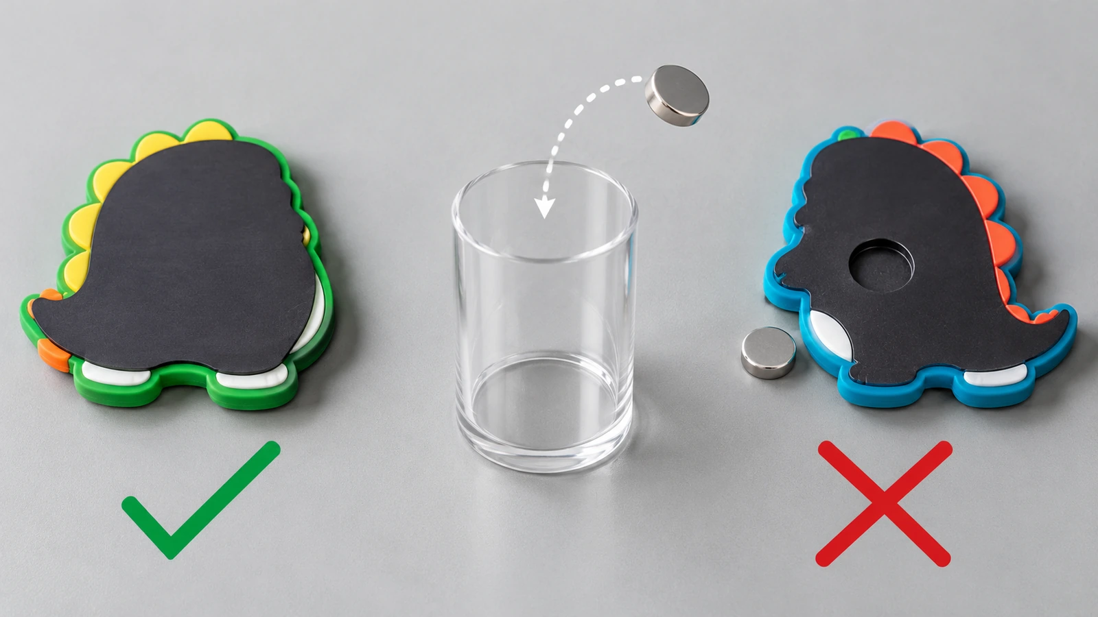 ด้านหลังของแม่เหล็กติดตู้เย็น PVC อ่อนที่มีแถบแม่เหล็กยืดหยุ่นยึดติดเต็มพื้นที่ วางเทียบกับรุ่นที่มีแม่เหล็กทรงแผ่นกลมขนาดเล็กที่หลุดได้ ข้างทรงกระบอกใสสำหรับทดสอบชิ้นส่วนขนาดเล็ก