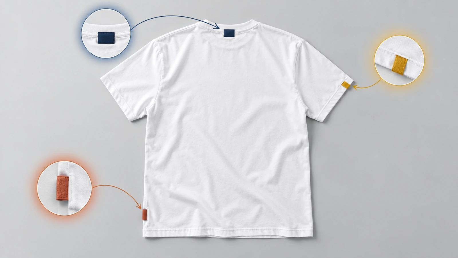 ภาพด้านหลังของเสื้อยืดที่วางราบ มีเครื่องหมายสีที่กึ่งกลางด้านหลังคอ ชายเสื้อด้านซ้าย และชายแขนเสื้อ แสดงตำแหน่งติดป้ายทอทั้งสามตำแหน่ง