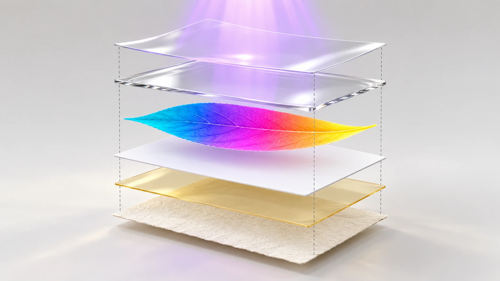 ภาพตัดขวางแบบแยกส่วนของสติกเกอร์ทรานสเฟอร์ UV แสดงแผ่นรองหลัง กาว ชั้นรองพื้นหมึกสีขาว หมึกสี วานิชใส และฟิล์มทรานสเฟอร์ใส ซ้อนกันตามลำดับ