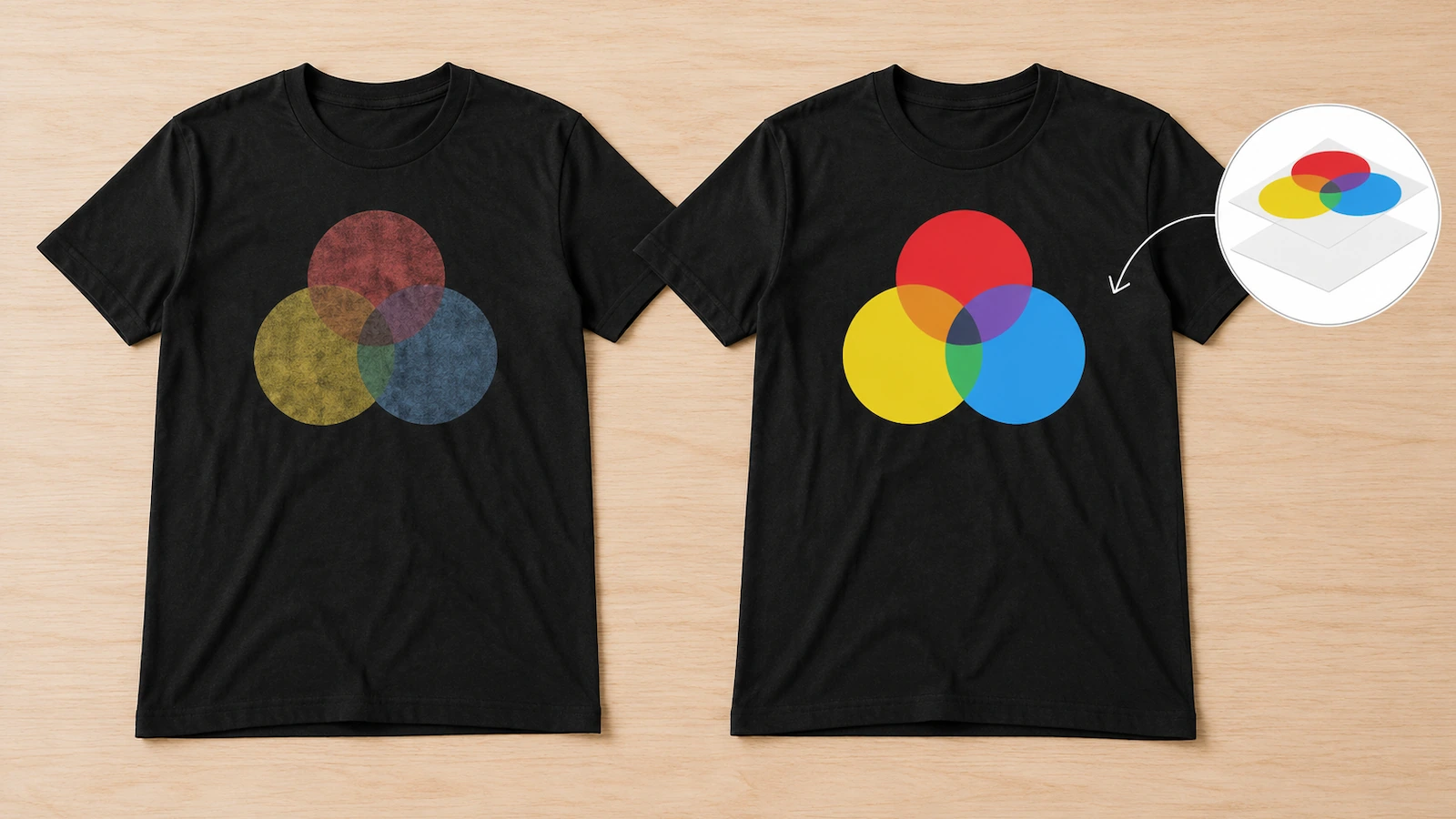 เสื้อยืดสีดำเหมือนกันสองตัววางเคียงกัน ตัวหนึ่งพิมพ์โดยไม่มีชั้นรองพื้นจึงดูหม่น อีกตัวพิมพ์ทับชั้นรองพื้นสีขาวจึงสดชัด