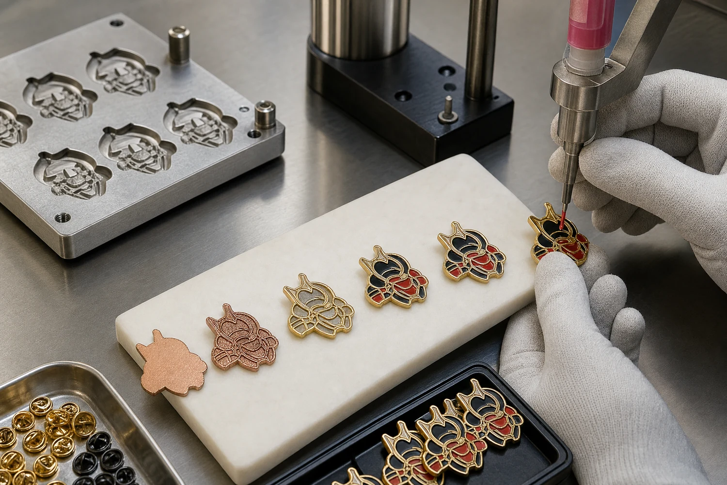 ขั้นตอนการผลิตพิน Soft Enamel ในโรงงาน ลำดับการผลิตพิน Soft Enamel ในโรงงาน ตั้งแต่การทำเครื่องมือโลหะและการชุบ ไปจนถึงการเติมสีและอบให้แข็ง