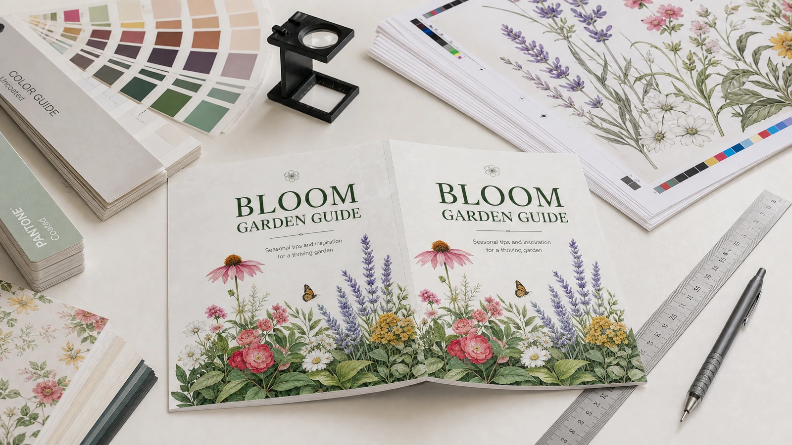 ปกคู่มือการทำสวนและแผ่นพิมพ์วางข้างแถบตัวอย่างสี ไม้บรรทัด และแว่นขยายงานพิมพ์