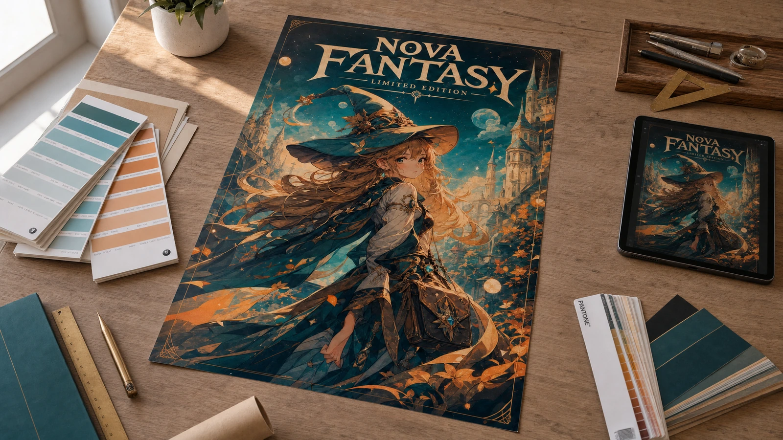 งานศิลป์โปสเตอร์แฟนตาซีและการวางแผนสี โปสเตอร์ศิลปะแฟนตาซีวางบนโต๊ะข้างแท็บเล็ต ตัวอย่างสี และอุปกรณ์วาดภาพ