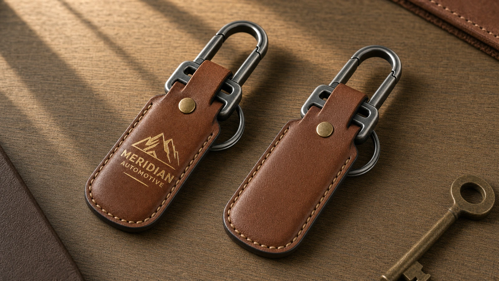 มุมมองด้านหน้าและด้านหลังของพวงกุญแจ ด้านหน้าและด้านหลังเรียบของพวงกุญแจหนังสีน้ำตาลเย็บด้าย วางข้างกุญแจหลวม