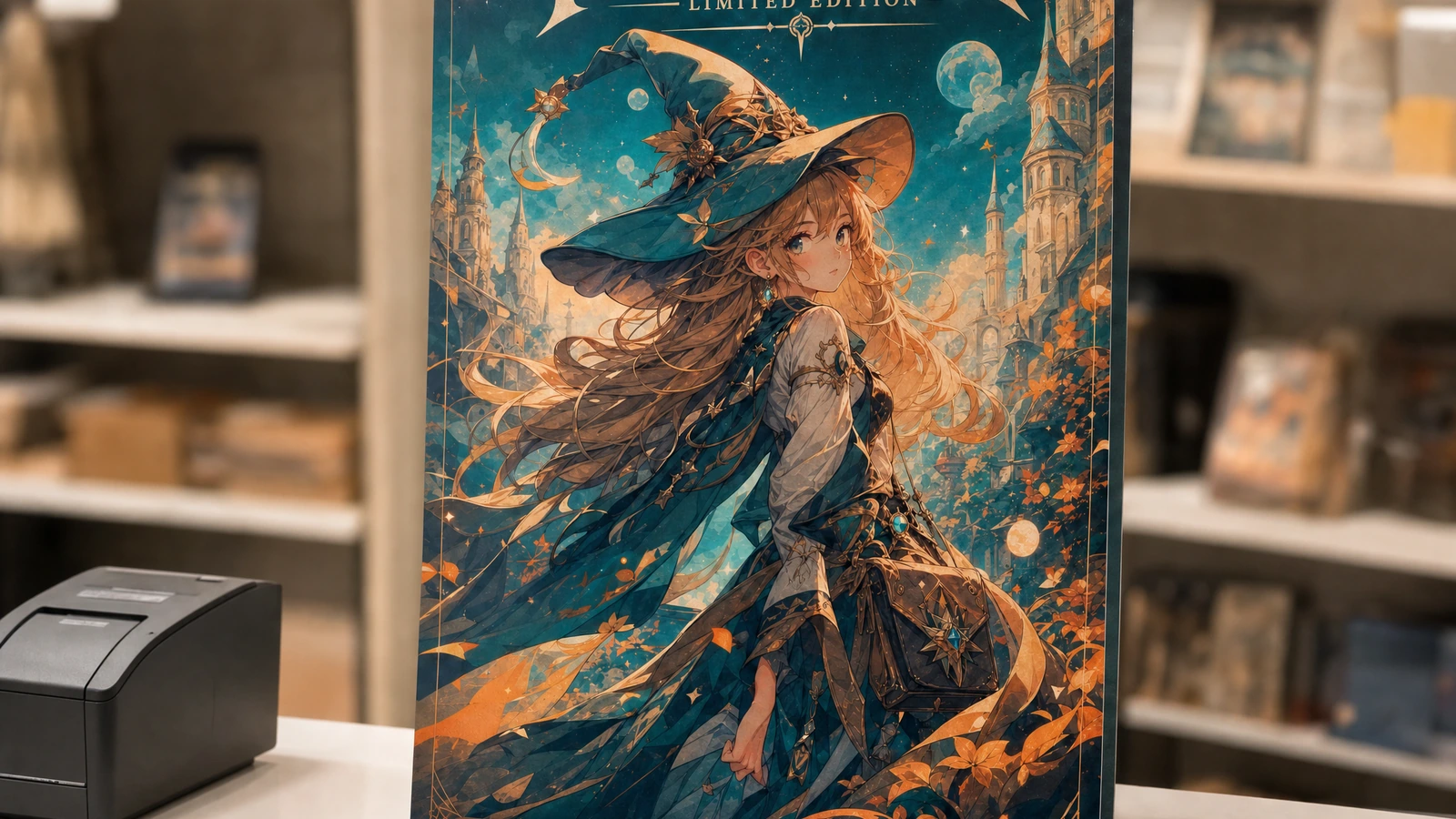 การจัดแสดงโปสเตอร์แฟนตาซีบนเคาน์เตอร์ โปสเตอร์ศิลปะแฟนตาซีตั้งตรงอยู่บนเคาน์เตอร์ขายปลีก