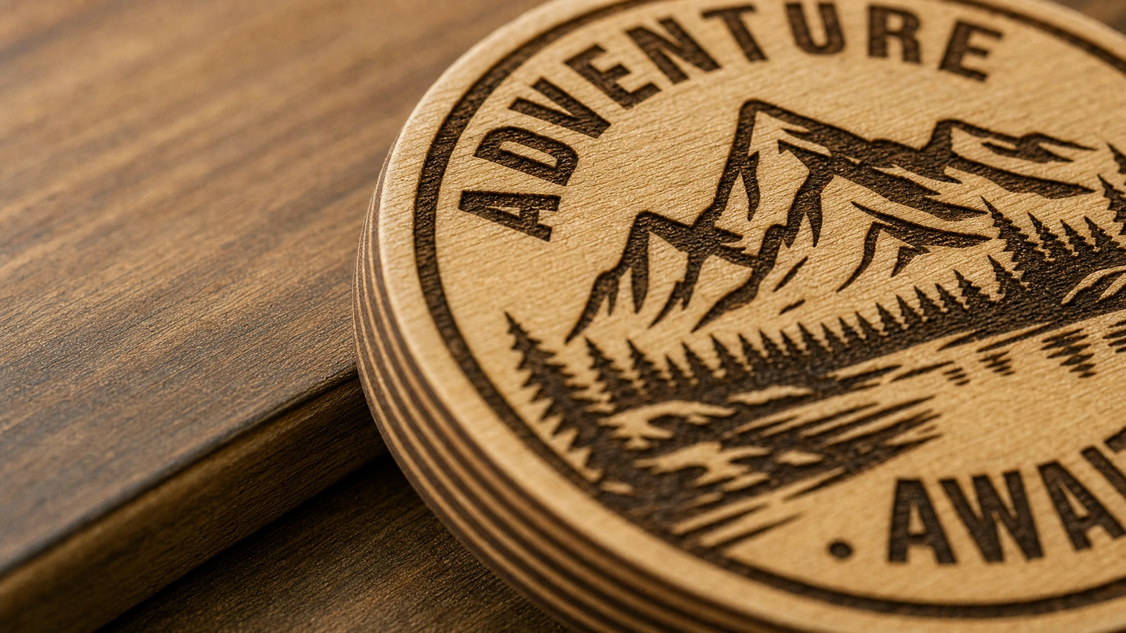 ภาพระยะใกล้ของการแกะสลักรูปภูเขาและตัวอักษร Adventure Awaits บนแผ่นไม้ซ้อนชั้น