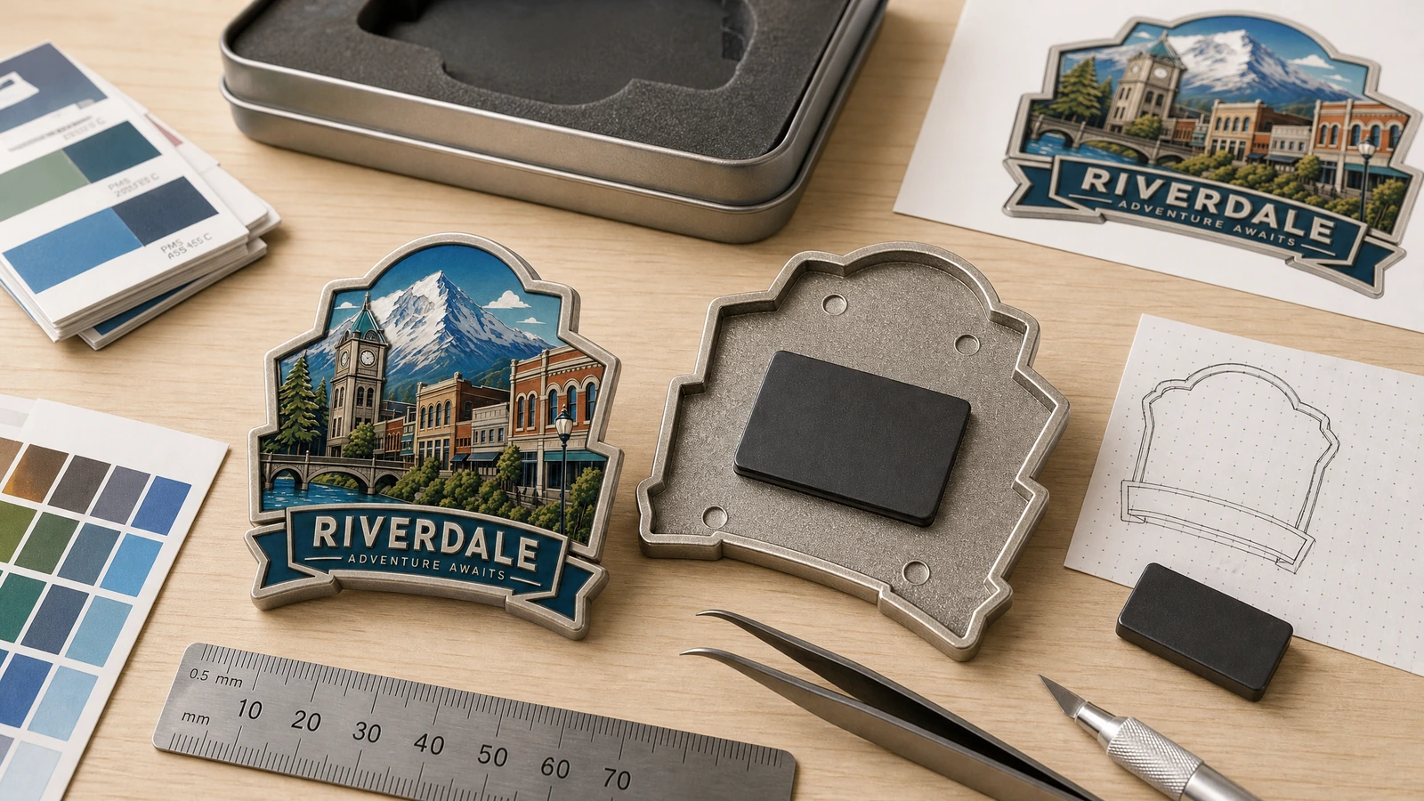 ภาพประกอบแม่เหล็กที่ระลึก Riverdale ชิ้นด้านหลัง งานออกแบบ และตัวอย่างสีวางคู่กับไม้บรรทัด