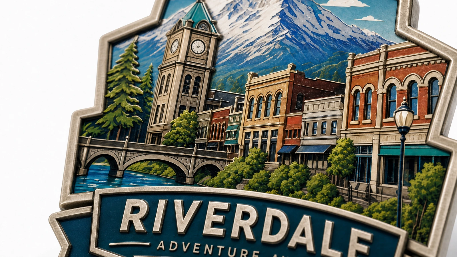 ภาพประกอบระยะใกล้ของอาคาร งานภาพภูเขา และตัวอักษร Riverdale บนหน้าแม่เหล็ก