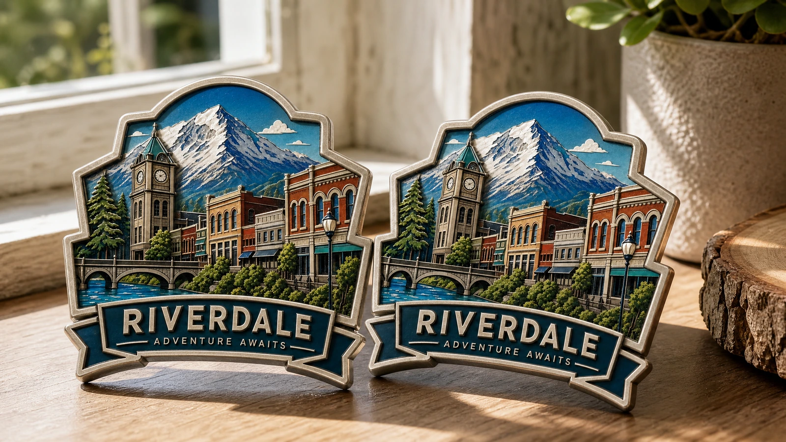 ภาพประกอบแม่เหล็กที่ระลึก Riverdale คู่หนึ่งวางบนขอบหน้าต่างไม้