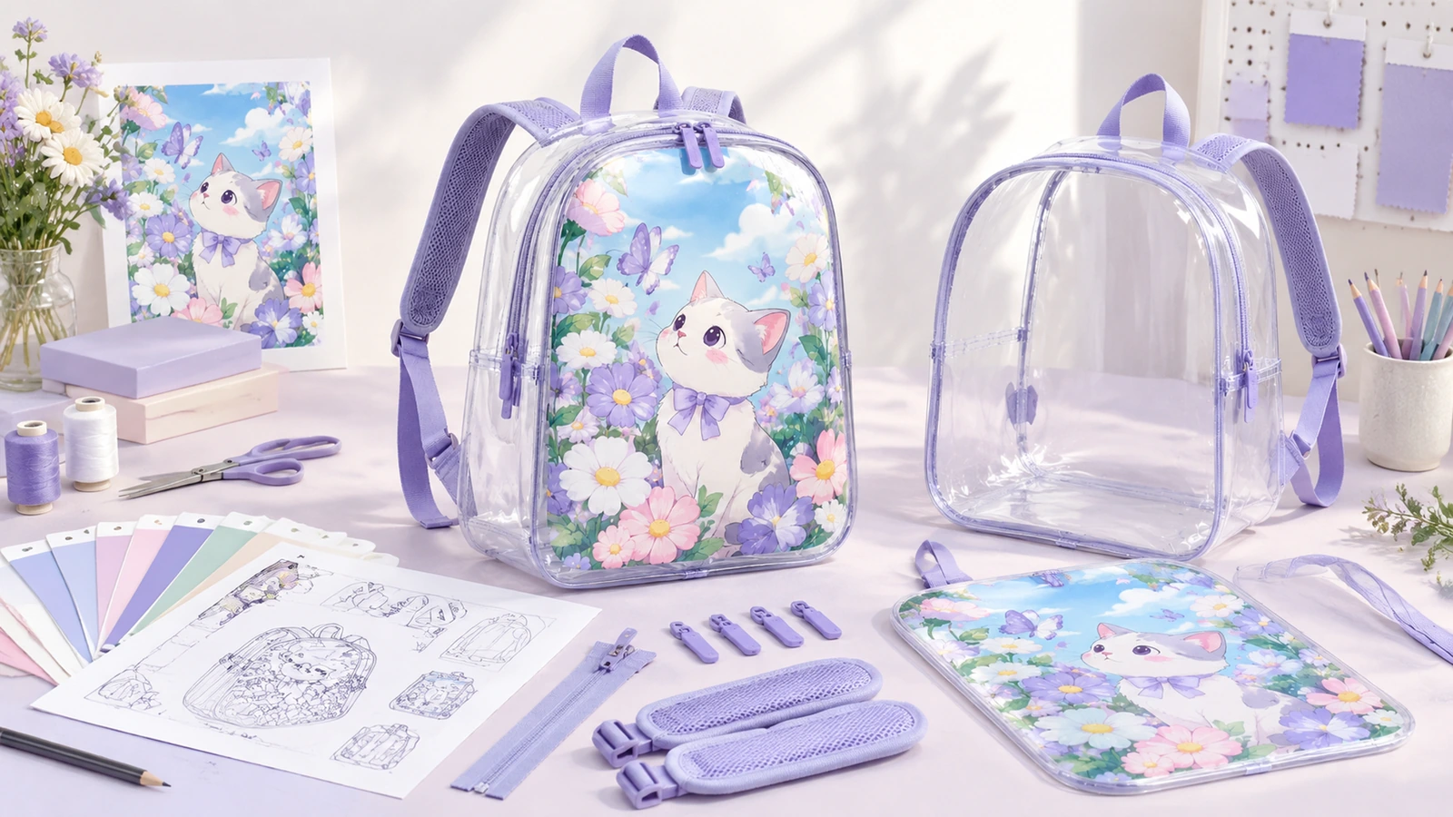 เป้ใสขอบสีม่วง ลายลูกแมวกับดอกไม้ ตัวอย่างสี และชิ้นส่วนตัวอย่างวางอยู่บนโต๊ะ