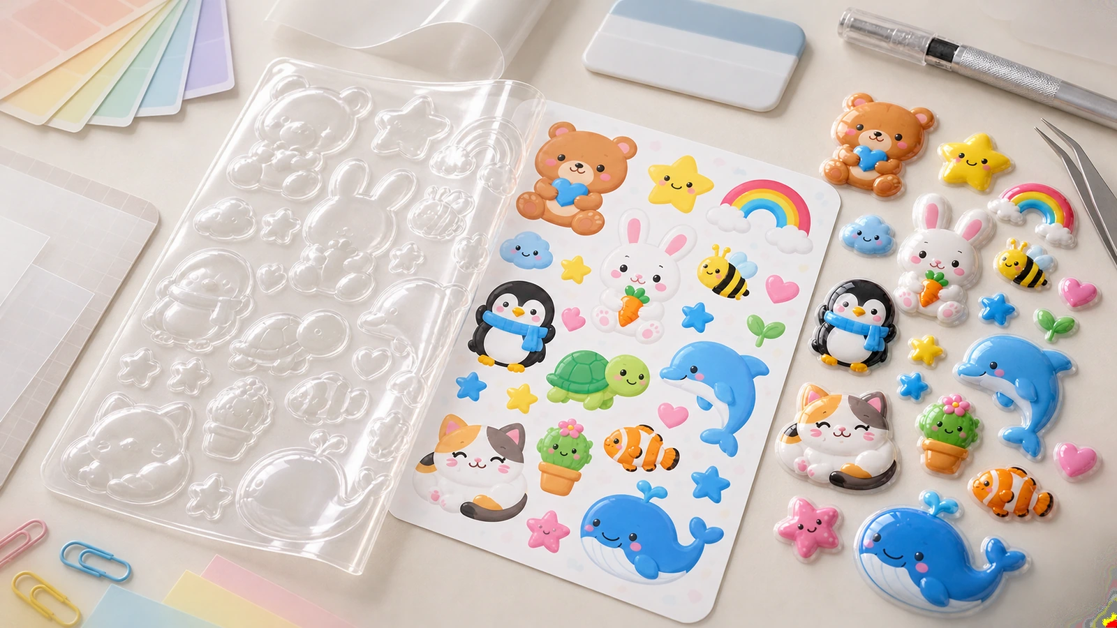 สติกเกอร์นูนลายสัตว์สีสันวางข้างถาดใสเปล่าบนโต๊ะ