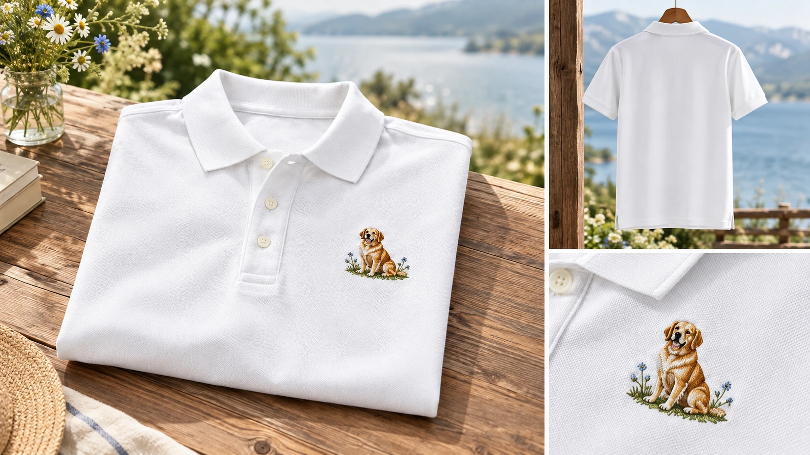 ภาพรวมเสื้อโปโลปักพับกลางแจ้ง ภาพด้านหลังที่แขวนไว้ และภาพระยะใกล้ของลายสุนัข