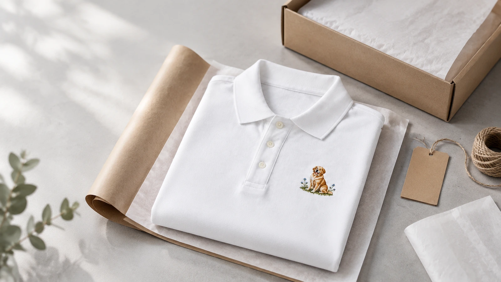 เสื้อโปโลสีขาวปักพับวางบนกระดาษห่อคราฟต์ข้างกล่องและป้ายว่าง