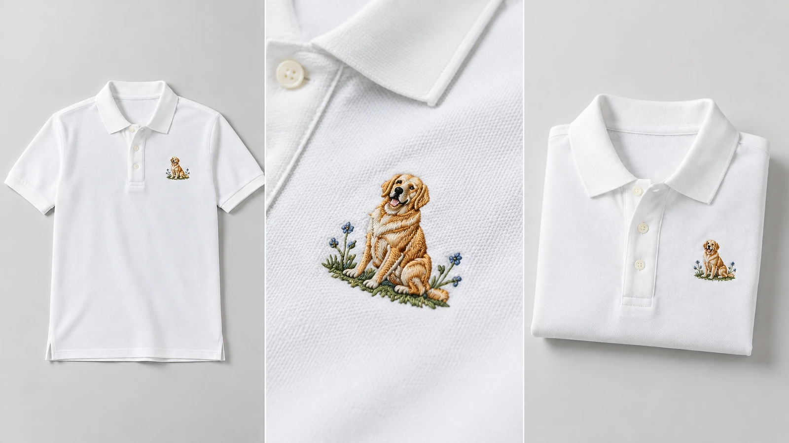 ภาพรวมเสื้อโปโลสีขาวเต็มตัว ภาพพับ และภาพระยะใกล้ของงานปัก