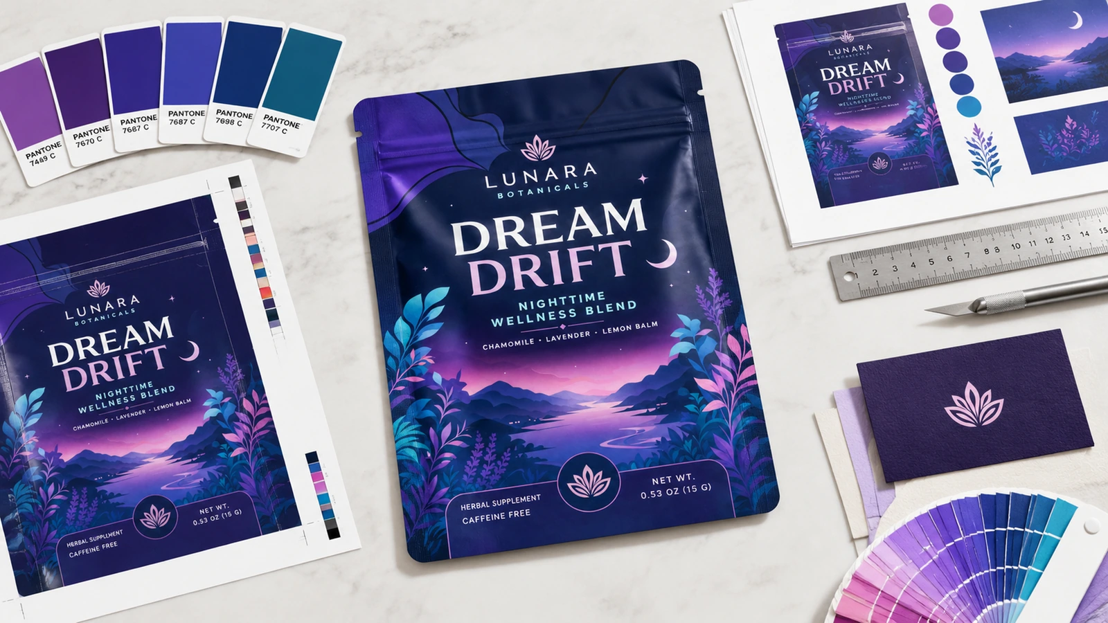 แบบงานพิมพ์ถุงเพาช์สีม่วงและตัวอย่างสี ถุงเพาช์สีม่วงลายพฤกษศาสตร์วางคู่กับแบบงานพิมพ์ ไม้บรรทัด และตัวอย่างสีม่วง