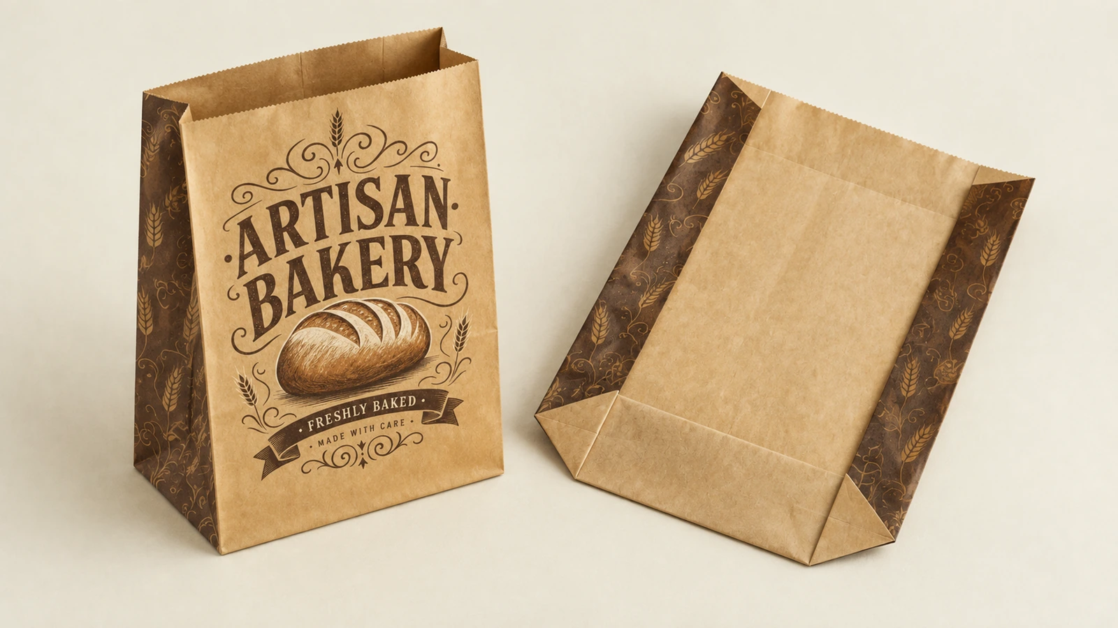มุมมองด้านหน้าและด้านหลังของถุงกระดาษสีน้ำตาล ARTISAN BAKERY ที่มีแผงด้านข้างลวดลาย