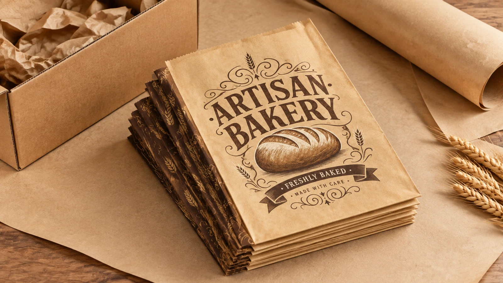 กองถุง ARTISAN BAKERY แบบแบนวางข้างกล่องกระดาษแข็ง กระดาษห่อสินค้า และข้าวสาลี