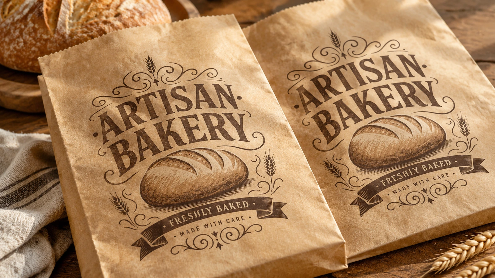 ถุง ARTISAN BAKERY สีน้ำตาลสองใบวางข้างขนมปังและข้าวสาลี