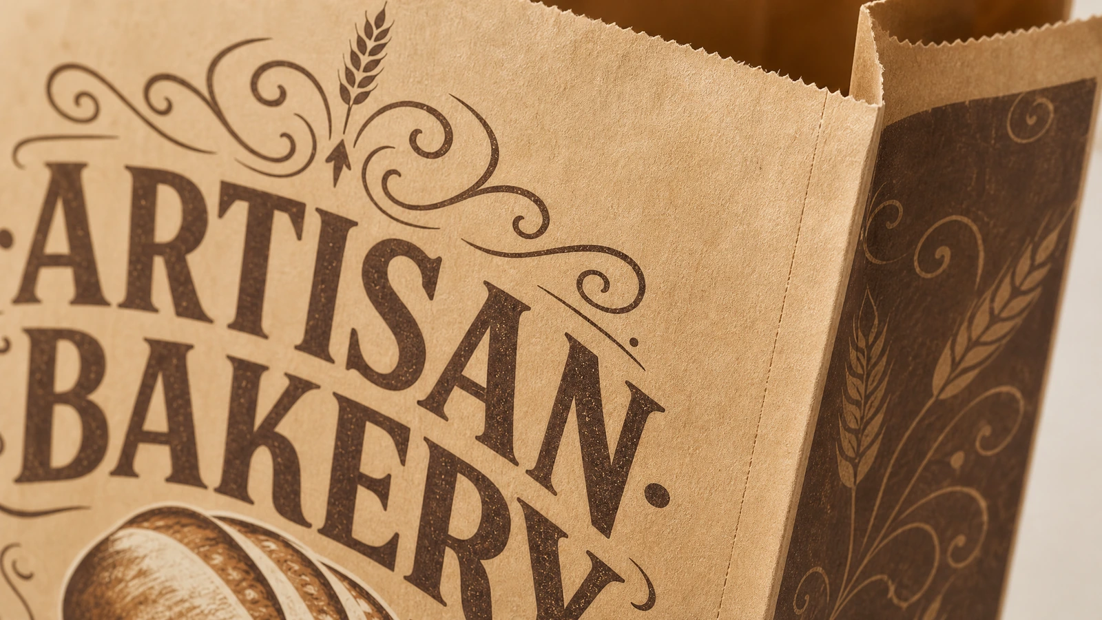 ภาพระยะใกล้ของงานพิมพ์ ARTISAN BAKERY และปากถุงแบบหยัก