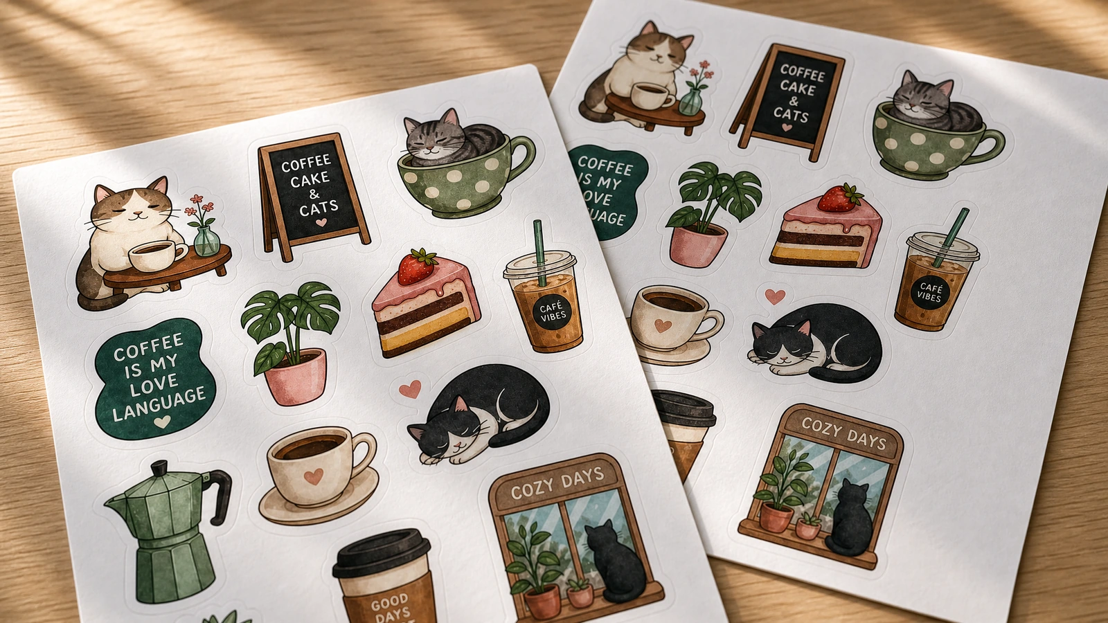 แผ่นสติกเกอร์ธีมแมวและกาแฟสองแผ่นซ้อนทับกันในแสงแดด