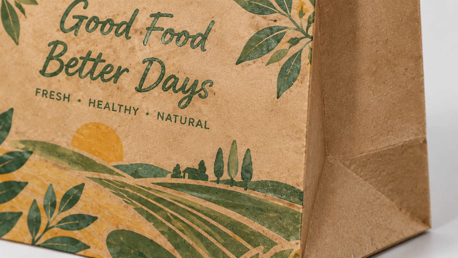 พื้นผิวกระดาษสีน้ำตาลที่พิมพ์แล้ว ภาพระยะใกล้ของตัวอักษร Good Food Better Days และกราฟิกชนบทบนกระดาษสีน้ำตาล