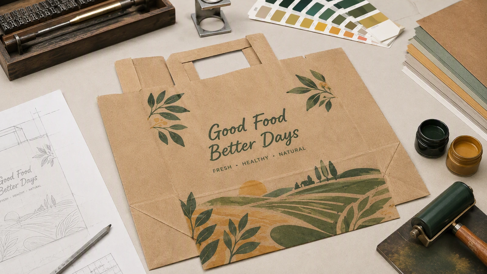 งานออกแบบและวัสดุการพิมพ์ของถุงหูแบน ถุงกระดาษสีน้ำตาลแบนที่มีงานออกแบบ Good Food Better Days วางข้างแบบร่าง หมึก และตัวอย่างสี