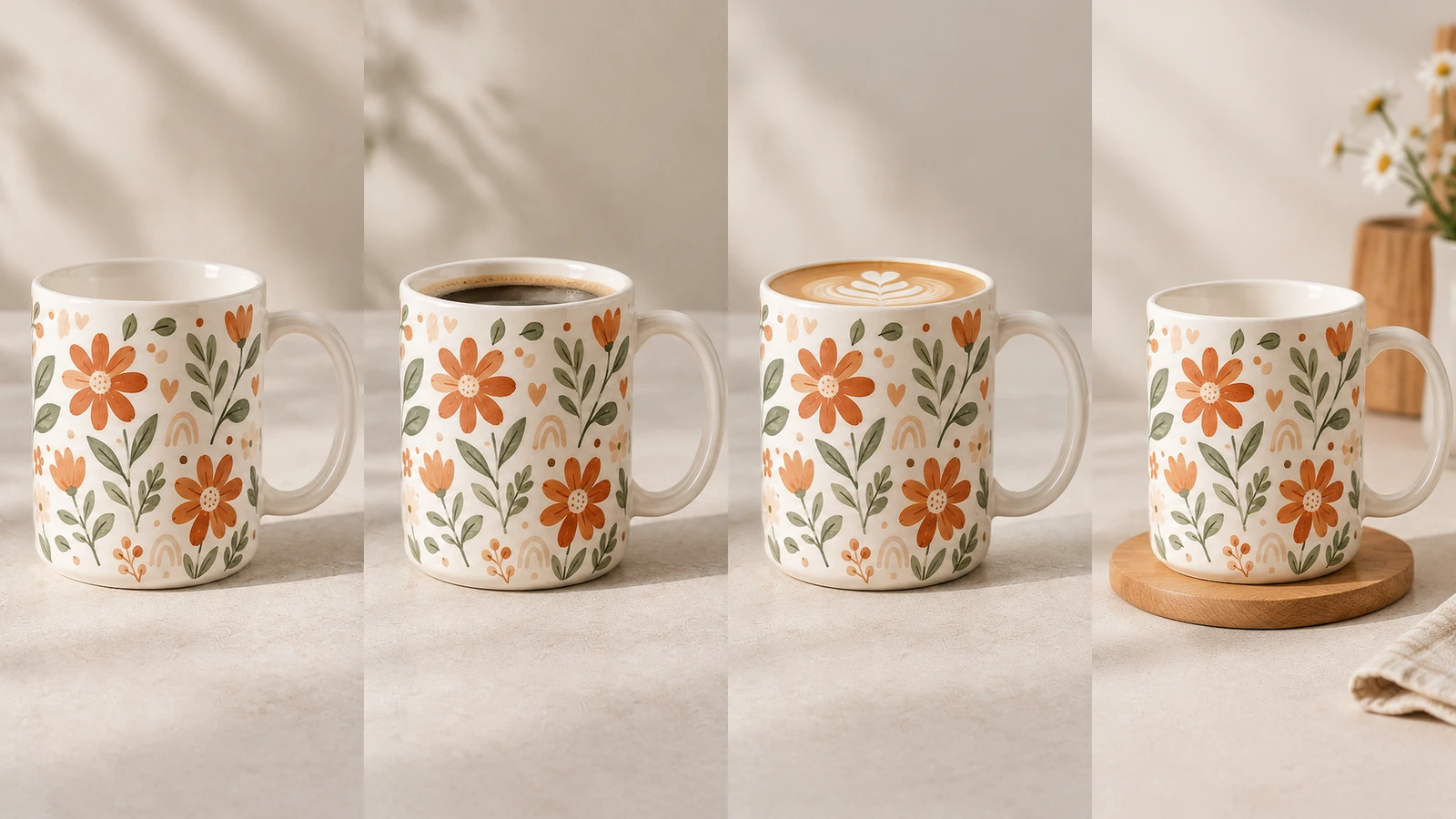 4 มุมมองเคียงข้างกันของแก้วลายดอกไม้ รวมถึงกาแฟดำและเครื่องดื่มที่มีฟอง