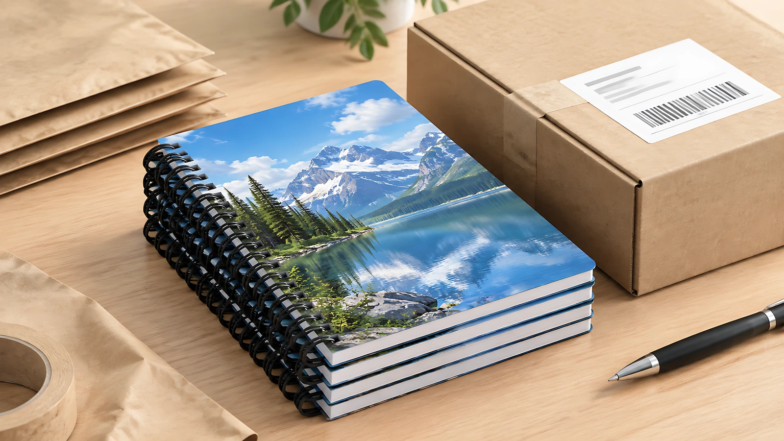 ภาพประกอบกองสมุดโน้ตลายทะเลสาบ วางข้างกล่องกระดาษที่มีป้ายกำกับและซองคราฟต์