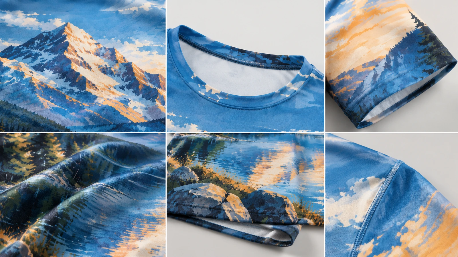 ผ้าพิมพ์เต็มผืนและรายละเอียดตะเข็บ ภาพตัดต่อของผ้าพิมพ์ ปกคอ แขนเสื้อ ชายเสื้อ และรายละเอียดไหล่
