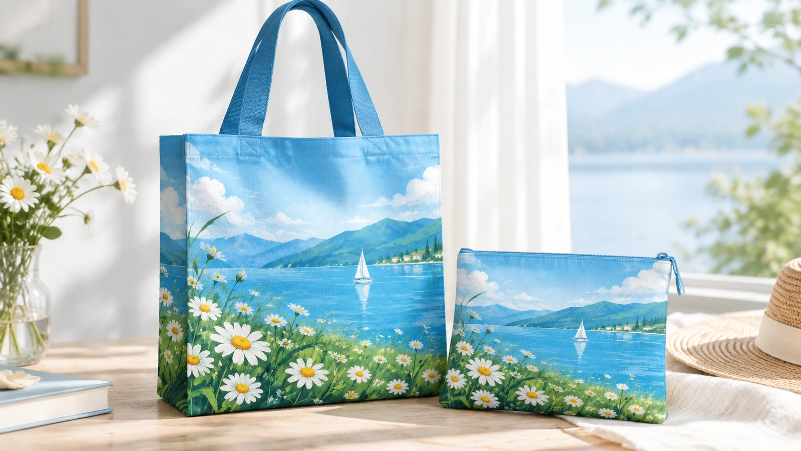 ถุงโท้ทพิมพ์ลายและกระเป๋าเข้าชุดกัน ถุงโท้ทพิมพ์ลายเลกแอนด์เดซี่สีน้ำเงินพร้อมกระเป๋าใส่ของมีซิปที่เข้าชุดกันวางอยู่บนโต๊ะ