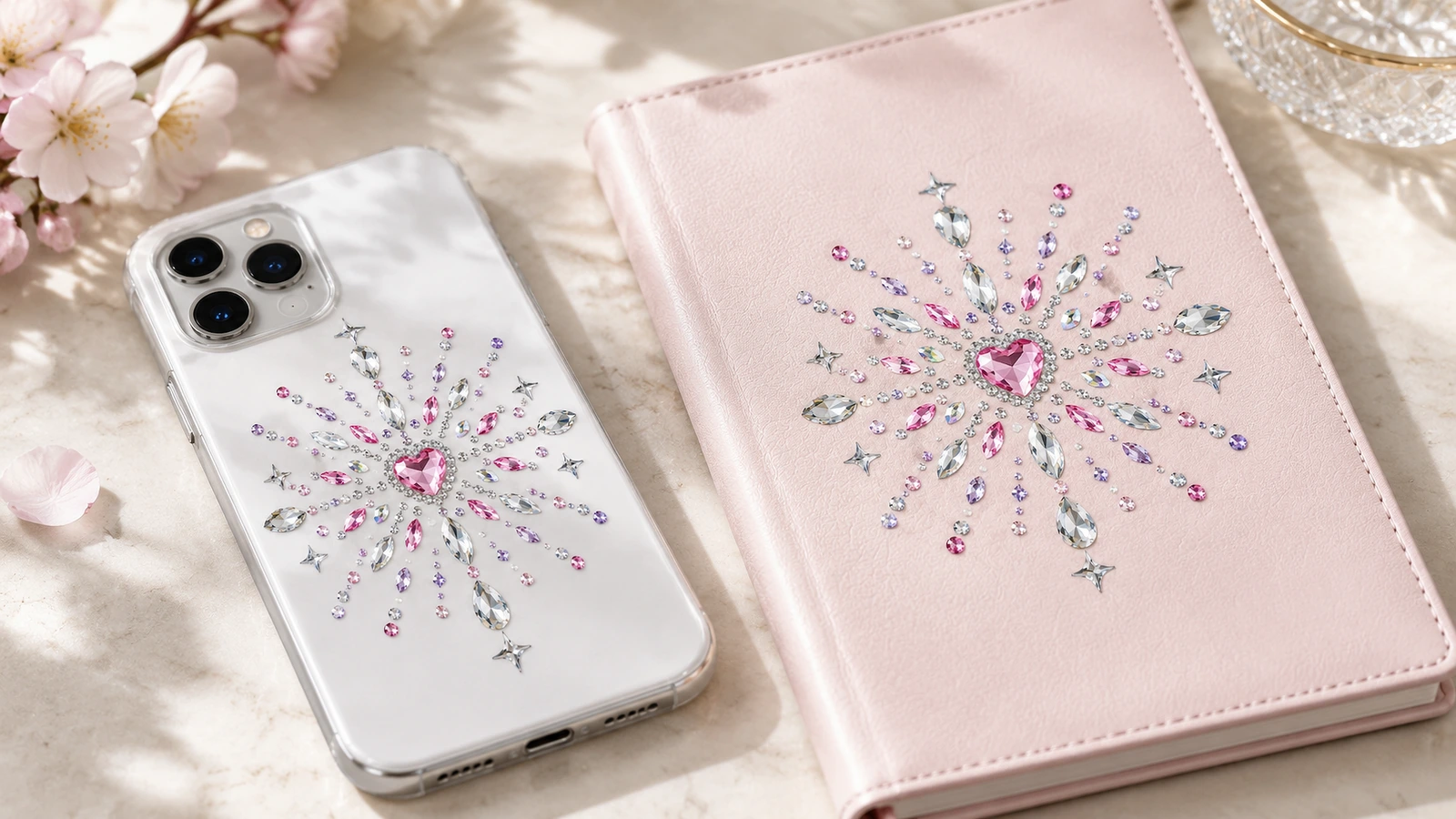 ลวดลายเพชรเทียมรูปหัวใจสีชมพูที่เหมือนกันประดับเคสโทรศัพท์ใสและสมุดโน้ตสีชมพู