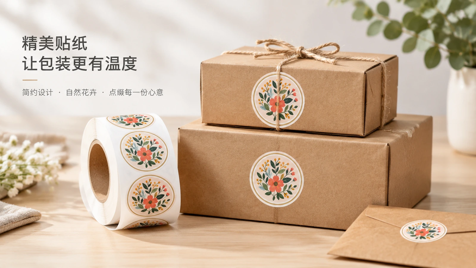 ม้วนฉลากลายดอกไม้วางข้างกล่องของขวัญกระดาษคราฟต์ที่ซ้อนกันและซองจดหมายที่ตกแต่งด้วยฉลากชุดเดียวกัน