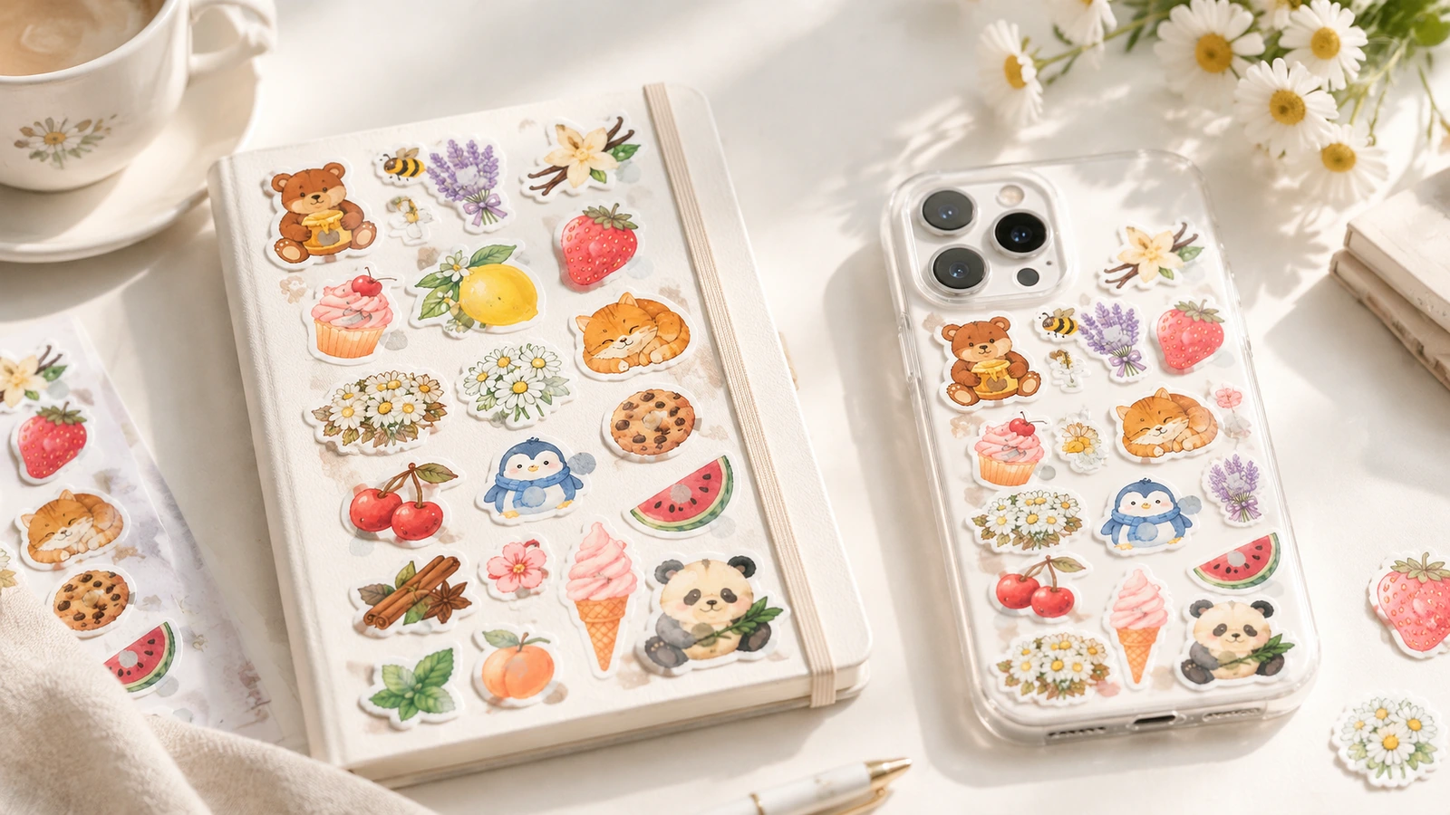 สติกเกอร์ดีไซน์ผลไม้ ดอกไม้ และสัตว์ที่เข้าชุดกัน จัดแสดงบนสมุดโน้ตและเคสโทรศัพท์โปร่งใส