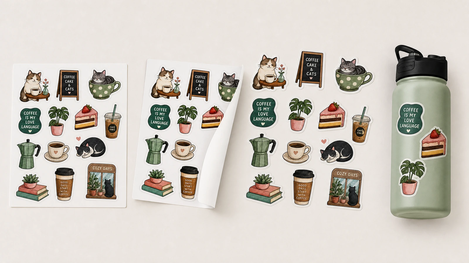 แผ่นสติกเกอร์แมวและกาแฟพร้อมลายแยกชิ้นวางข้างขวดที่ตกแต่งด้วยสติกเกอร์ชุดเดียวกัน
