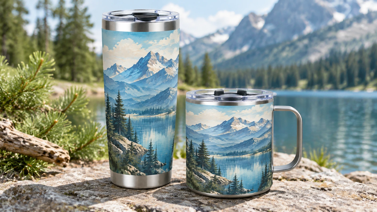 drinkware ตกแต่งในฉากกลางแจ้ง ทัมเบลอร์ลายภูเขาทรงสูงและแก้วมีหูจับวางอยู่ข้างทะเลสาบ