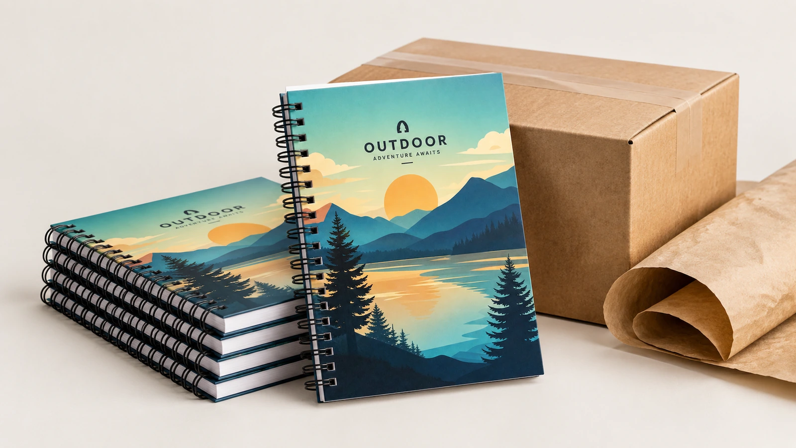 สมุดโน้ตวางข้างวัสดุบรรจุภัณฑ์ แนวคิดสมุดโน้ตปกแนวนอนซ้อนกันวางข้างกล่องกระดาษลูกฟูกและกระดาษคราฟต์